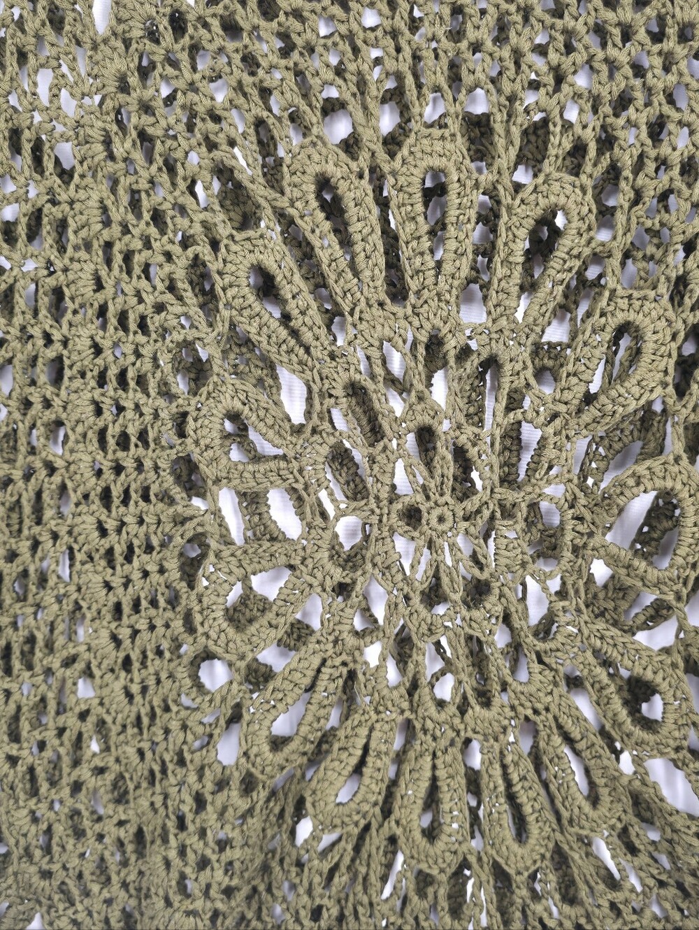 Vintage 90s Olive Crochet Asymmetrical Knit Top Bell Sleeve Boho Coastal Medium - Picture 5 of 10